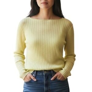EILEEN FISHER Boat Neck Ribbed Knit Sweater Light Yellow Sz Large